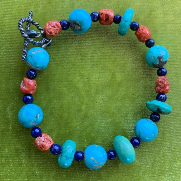Vintage Turquoise Lapis Lazuli Red Coral Sterling Silver Bracelet - Picture 2 of 2
